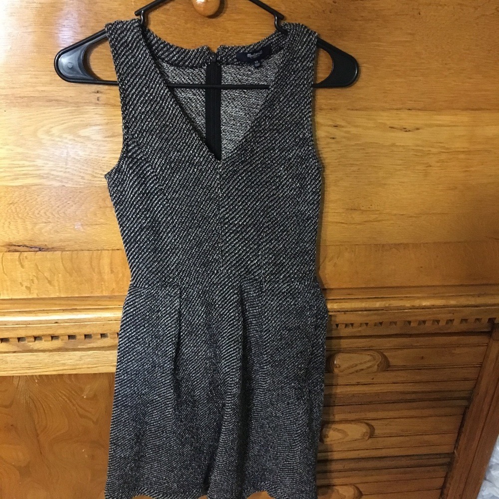 Madewell Black White Marled Knit V-Neck Fit Flare Dress Mod Retro Career XS